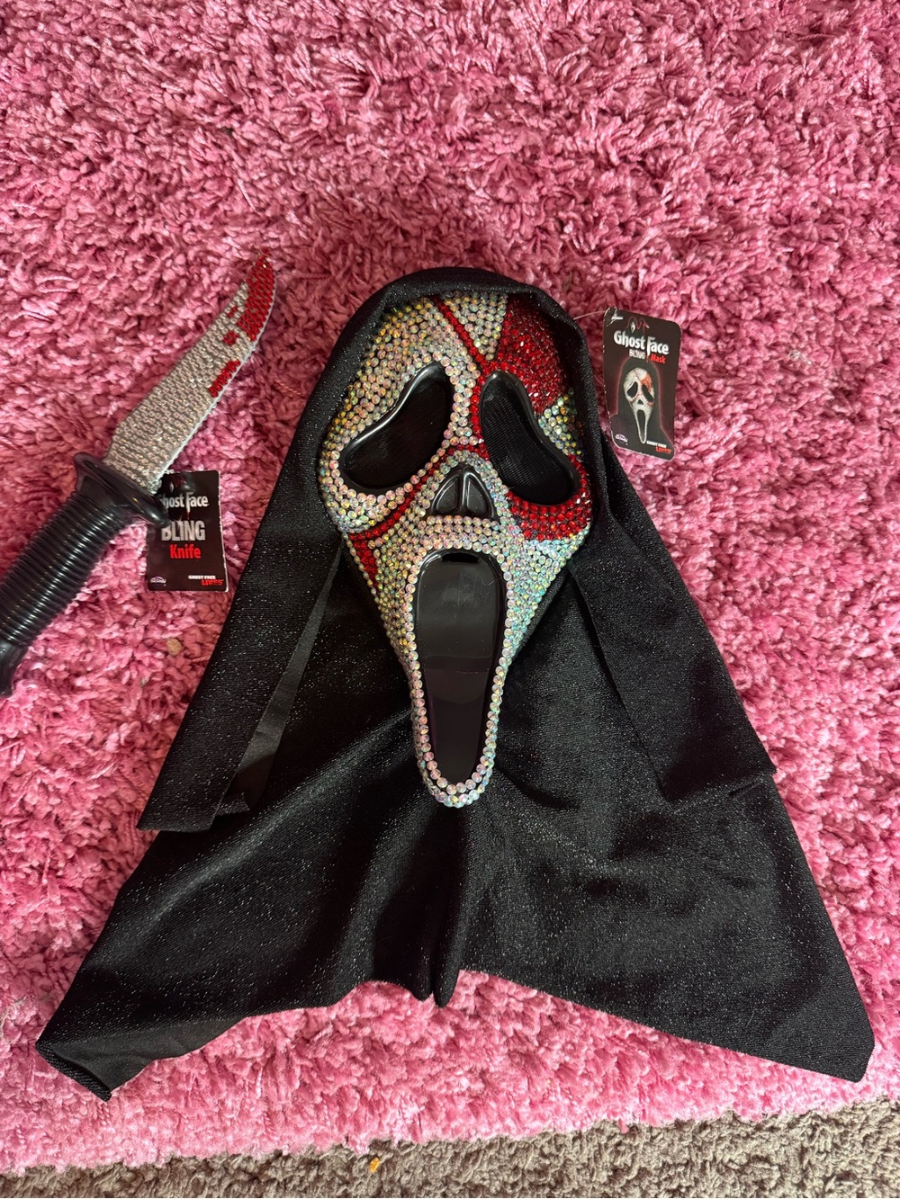 Bling Ghost face Costume Mask with Hood and - Black and Red Rhinestone Accent
